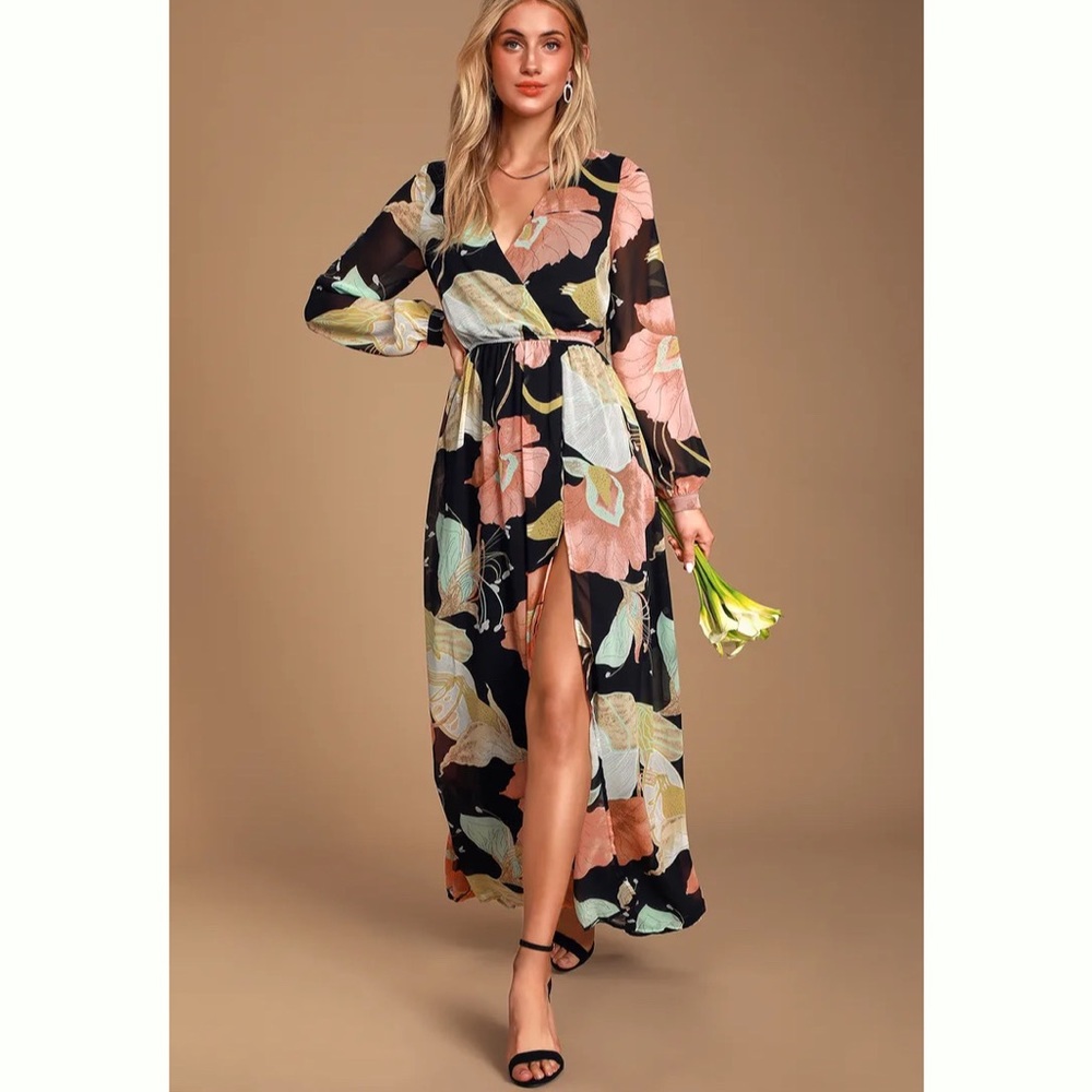 New Lulus Wondrous water Lillie’s black floral Print maxi dress